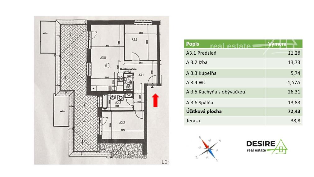Kompletne zariadený 3 izbový byt, novostavba, zelená terasa, parkovanie, Modra